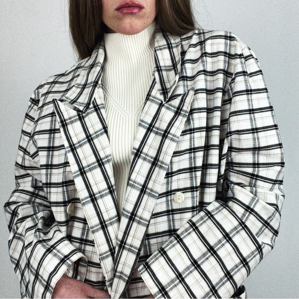 Vintage Plaid Checked Windowpane Double-Breasted Blazer Jacket | Size L